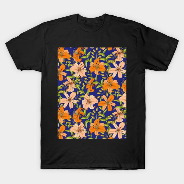 Lily Flower Pattern On Blue T-Shirt by Designoholic